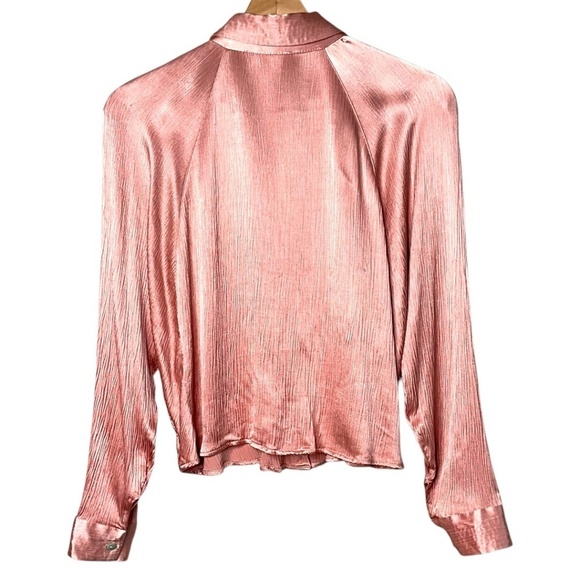 MANGO 100% Viscose Satiny Cropped Batwing Long Sleeve Button Front Blouse Sz 6 - Picture 5 of 9